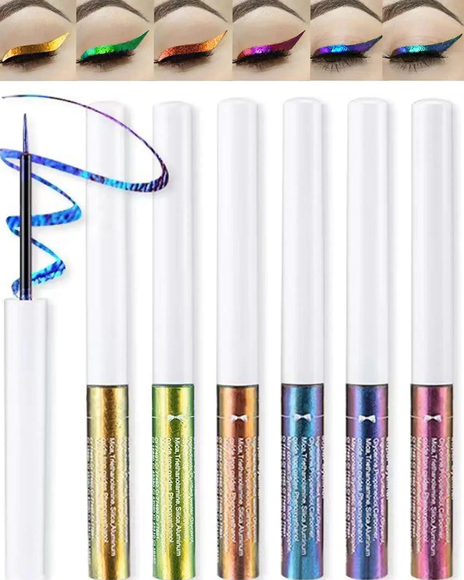 Chameleon Multichrome Glitter Liquid Eyeliner Kit-6Pcs Purple/Blue/Gold/Green Metallic Satin Colored Eye Liner Eye Shadow Stick Ultra-Fine Tip Eyeliner PenValentines Day Makeup Gift Set for Women