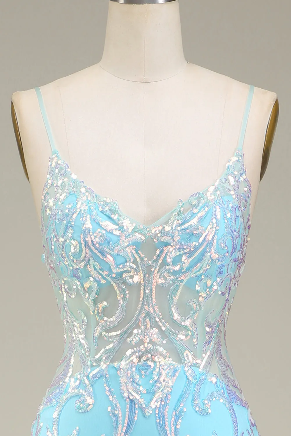 Luolandi Glitter Light Blue Mermaid Spaghetti Straps Long Prom Dress Sparkly Evening Dresses