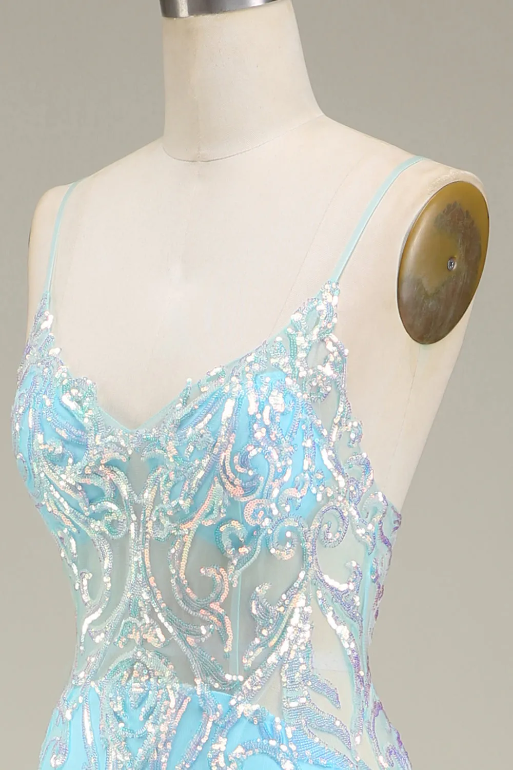 Luolandi Glitter Light Blue Mermaid Spaghetti Straps Long Prom Dress Sparkly Evening Dresses