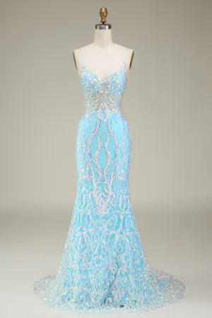 Luolandi Glitter Light Blue Mermaid Spaghetti Straps Long Prom Dress Sparkly Evening Dresses