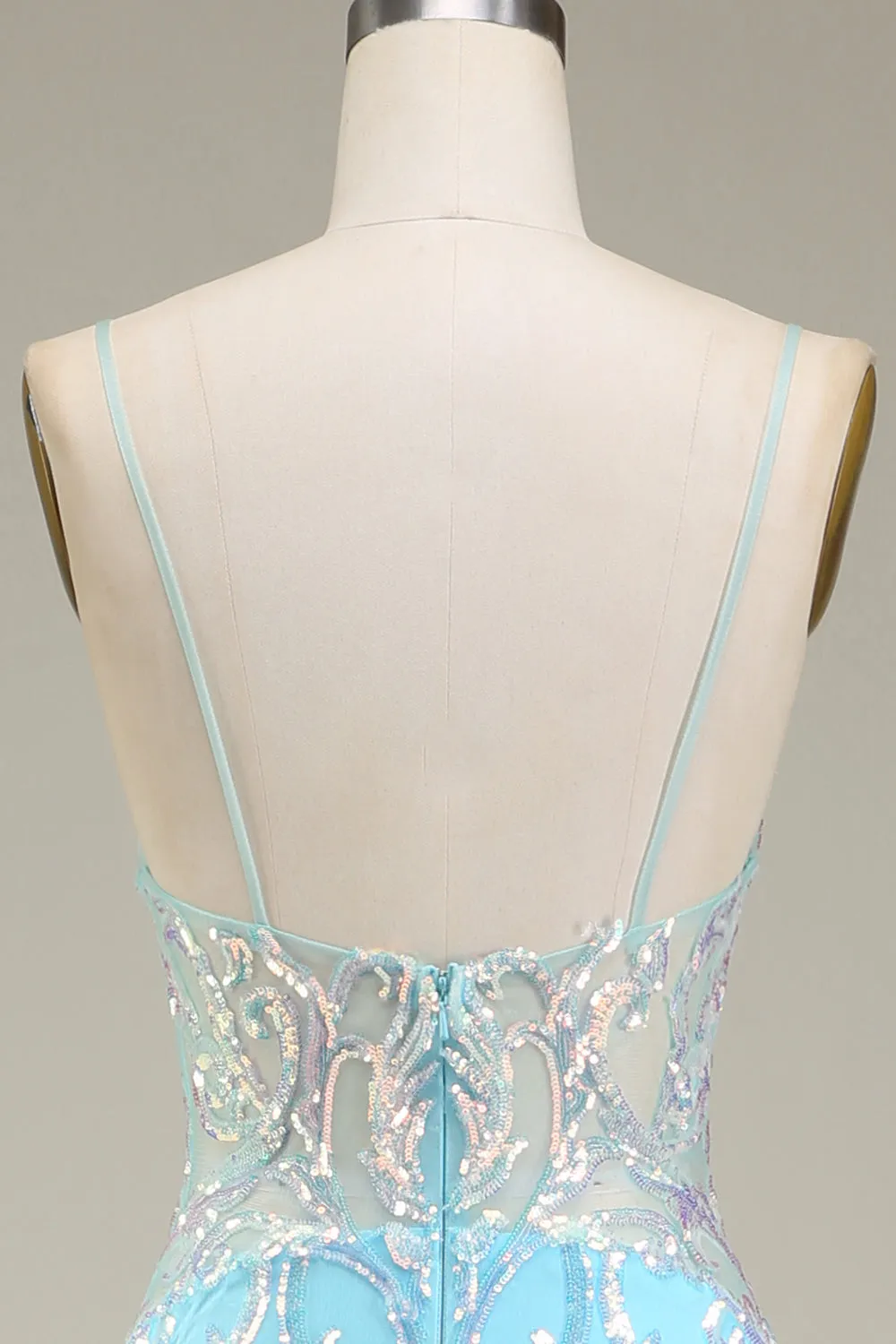 Luolandi Glitter Light Blue Mermaid Spaghetti Straps Long Prom Dress Sparkly Evening Dresses