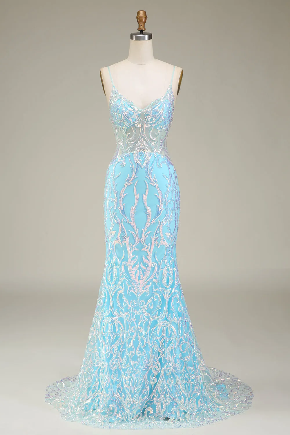 Luolandi Glitter Light Blue Mermaid Spaghetti Straps Long Prom Dress Sparkly Evening Dresses