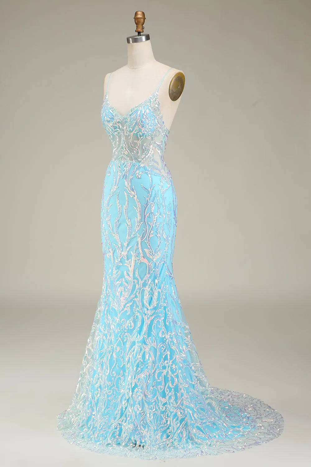 Luolandi Glitter Light Blue Mermaid Spaghetti Straps Long Prom Dress Sparkly Evening Dresses