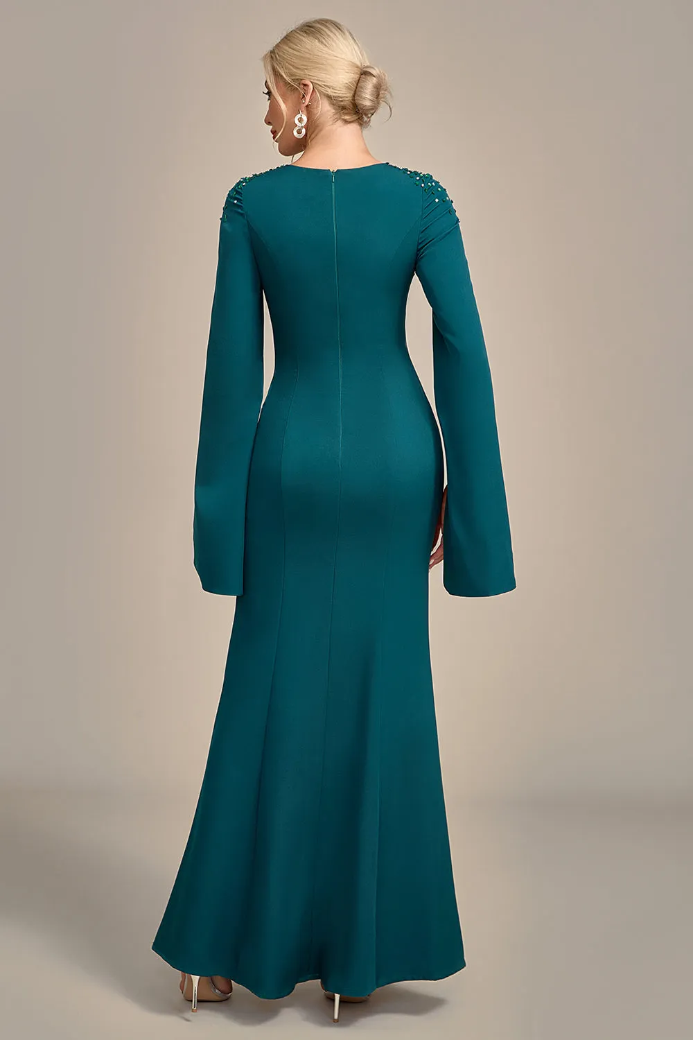 Luolandi Glitter Mermaid Round Neck Mother of the Bride Dress With Long Sleeves Floor Length