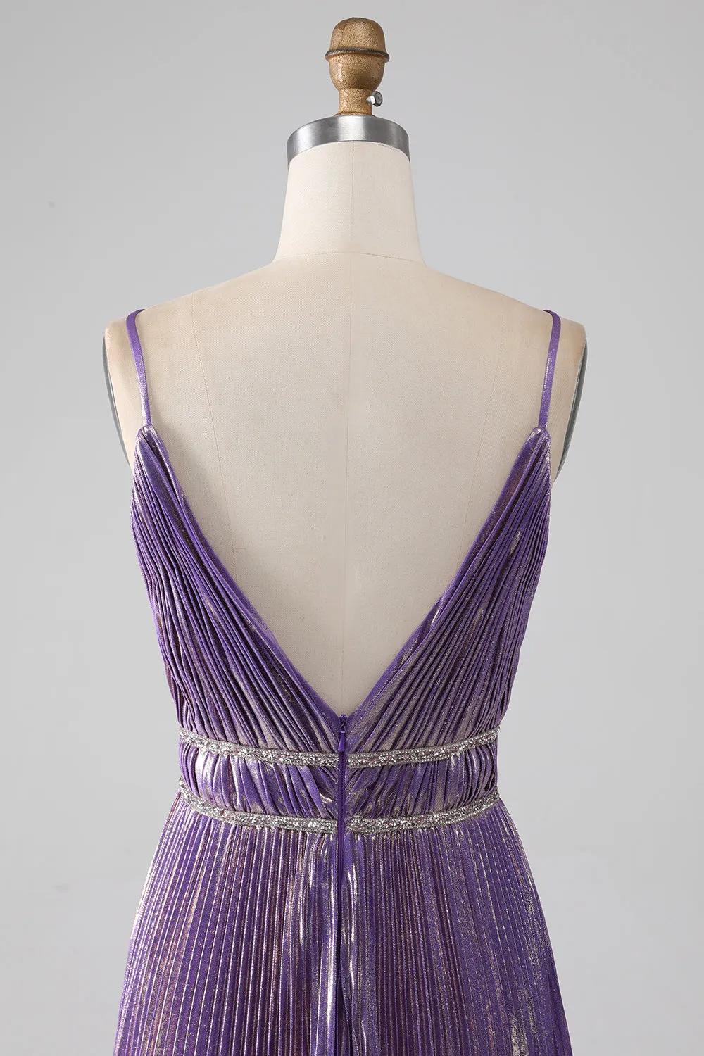Luolandi Glitter Purple A-Line Spaghetti Straps V Neck Pleated Backless Prom Dress Sexy Evening Dresses
