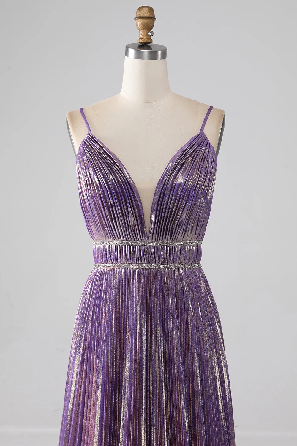 Luolandi Glitter Purple A-Line Spaghetti Straps V Neck Pleated Backless Prom Dress Sexy Evening Dresses