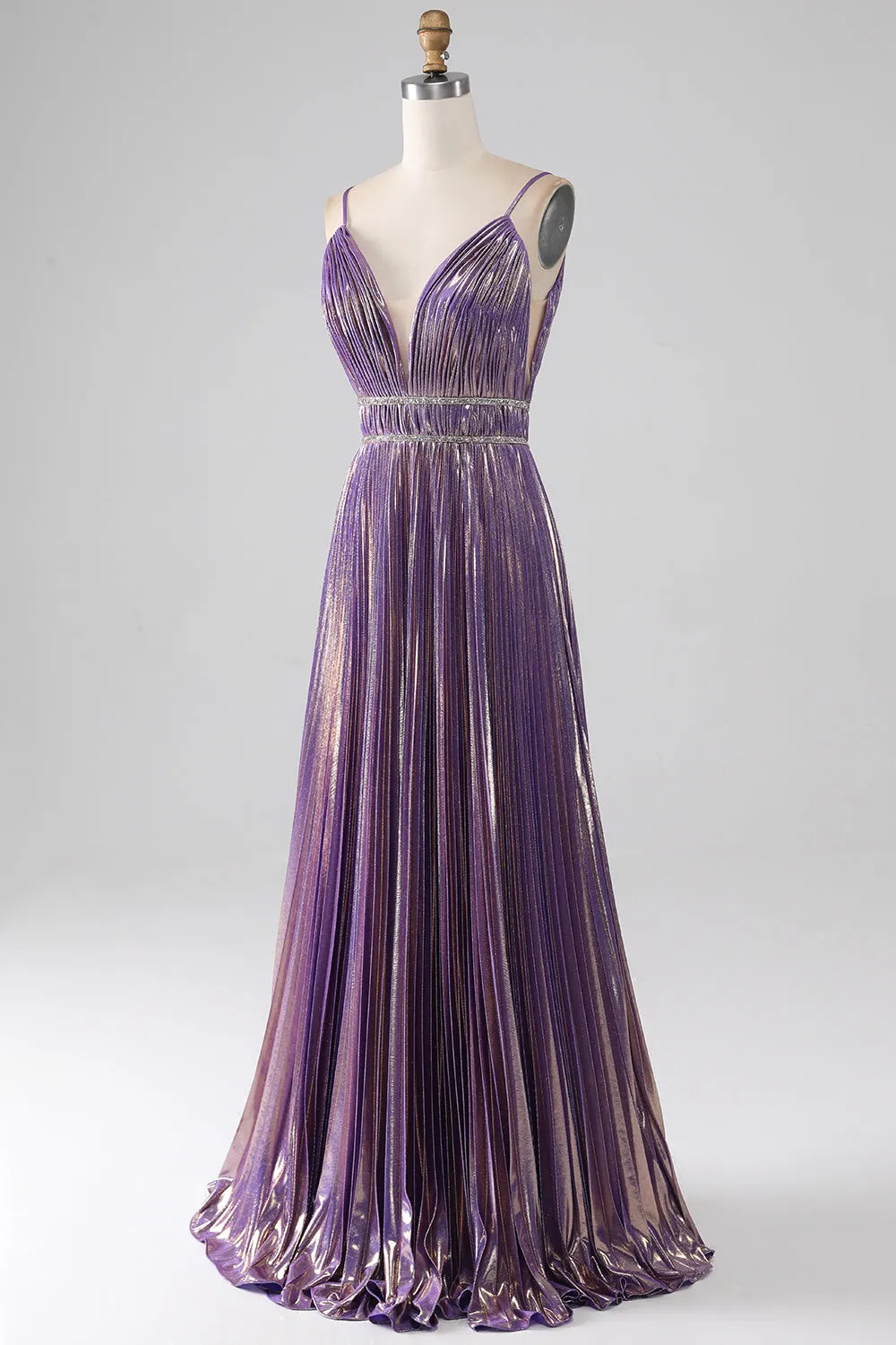 Luolandi Glitter Purple A-Line Spaghetti Straps V Neck Pleated Backless Prom Dress Sexy Evening Dresses
