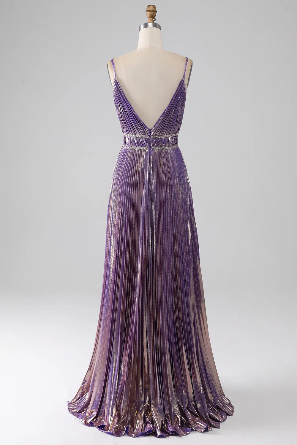Luolandi Glitter Purple A-Line Spaghetti Straps V Neck Pleated Backless Prom Dress Sexy Evening Dresses