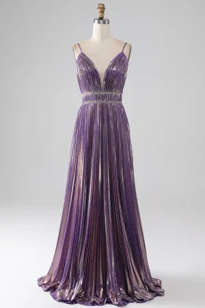 Luolandi Glitter Purple A-Line Spaghetti Straps V Neck Pleated Backless Prom Dress Sexy Evening Dresses