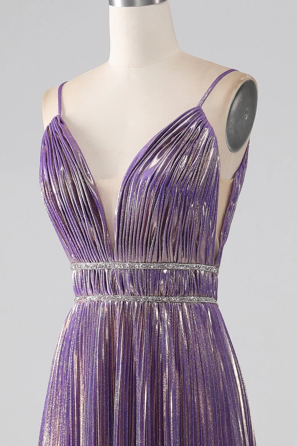 Luolandi Glitter Purple A-Line Spaghetti Straps V Neck Pleated Backless Prom Dress Sexy Evening Dresses